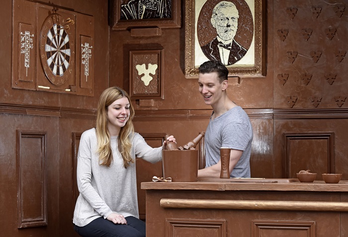 If Carlsberg did chocolate bars... Pictured: Two punters enjoying a beer at the Carlsberg chocolate bar.
