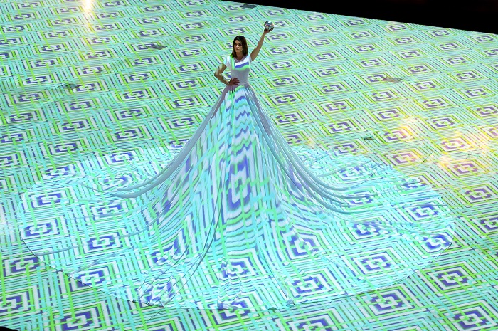 ‘Magic Carpets 2016’ by Miguel Chevalier - A model wearing an 8 metre diameter skirt takes centre stage at centre:mk, one of the UK's top 10 shopping destinations, for the launch of IF: Milton Keynes International Festival 2016. Centre:mk commissioned 'Magic Carpets 2016' for the Festival, the UK's largest retail digital installation. Centre:mk are hosting three art installations throughout the Festival from 15th-24th July and are the headline sponsor for this year’s IF: Milton Keynes International Festival 2016.